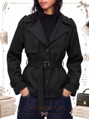 Faux Suede Short Trench Coat Belted Button Down Jacket